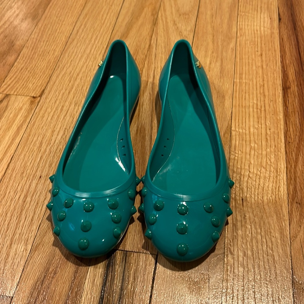 Teal Moschino jelly flats